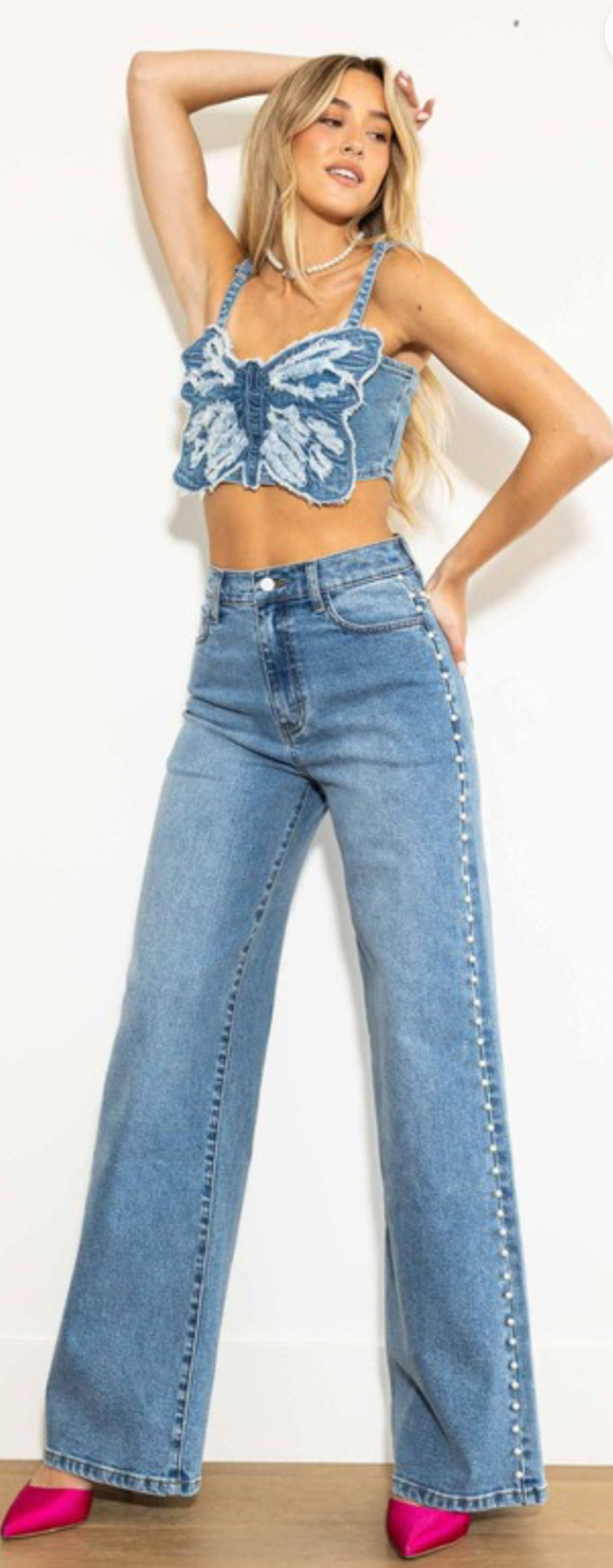 High-Waisted Stretch Denim with Pearl Detail