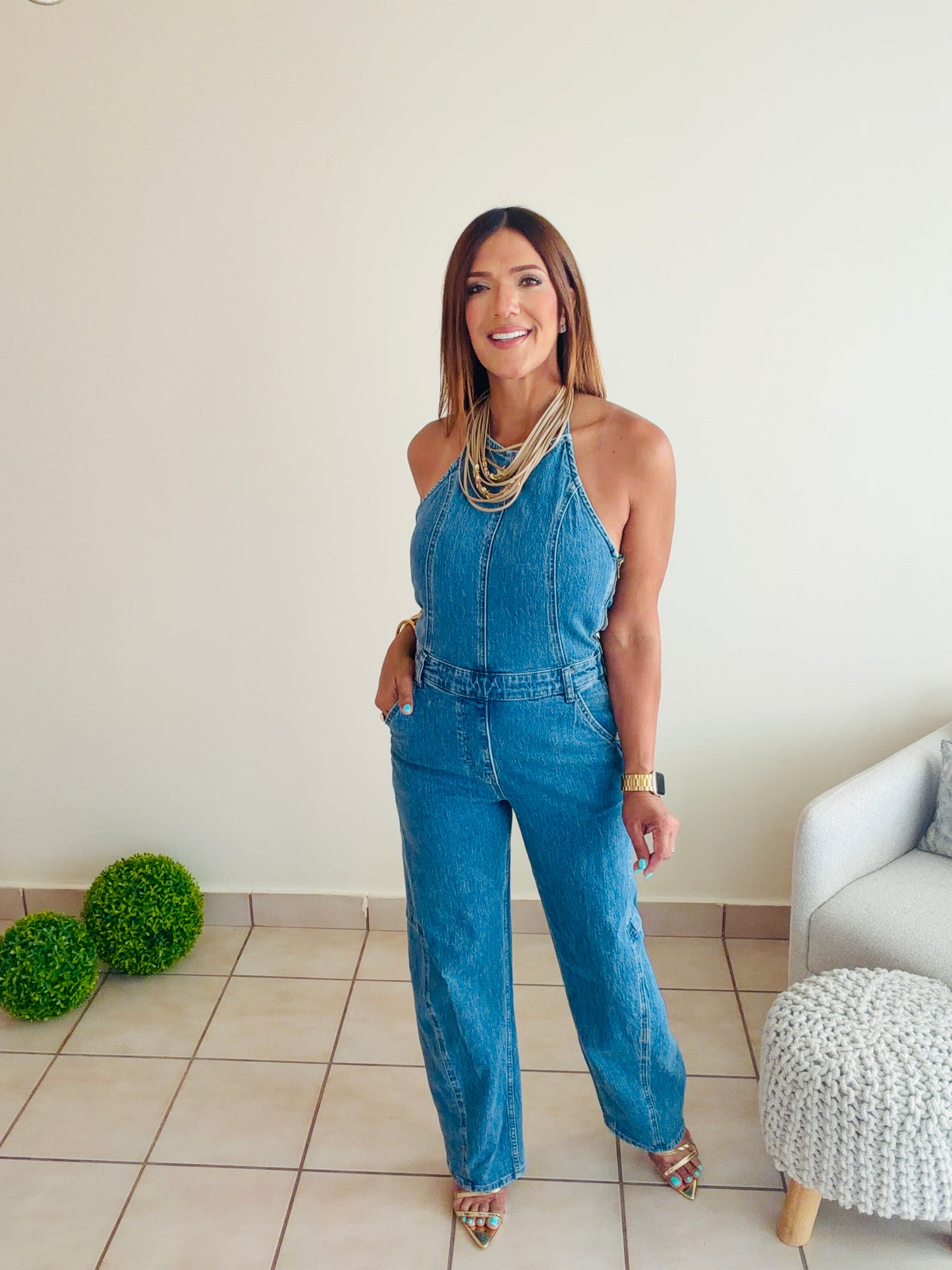Denim barrel Halter Jumpsuit