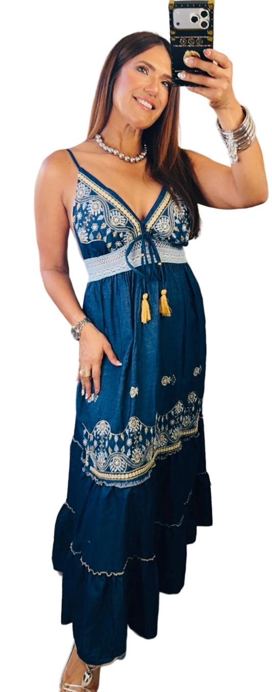 Italian Embroidered Boho Maxi Dress