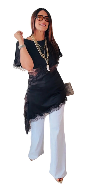 Lace cut satin top