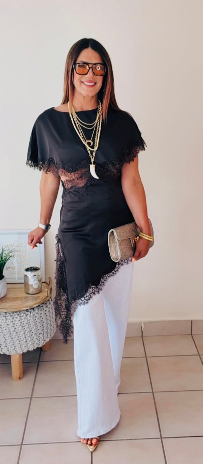 Lace cut satin top