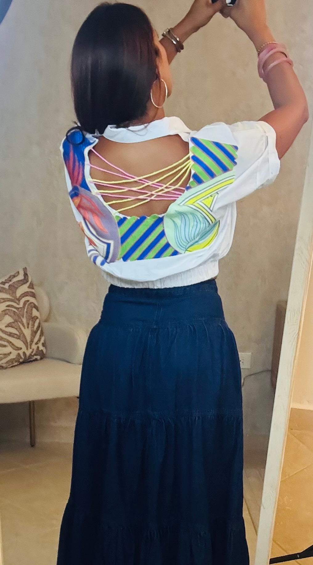 White and color Open Back Shirt