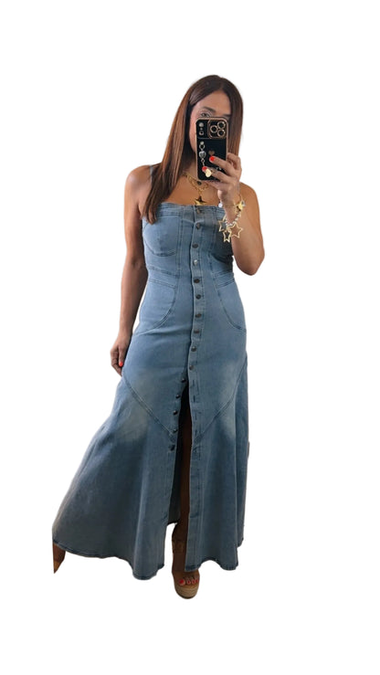 Button-front Denim Maxi Dress