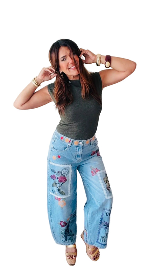 Print Embroidery Barrel Pant