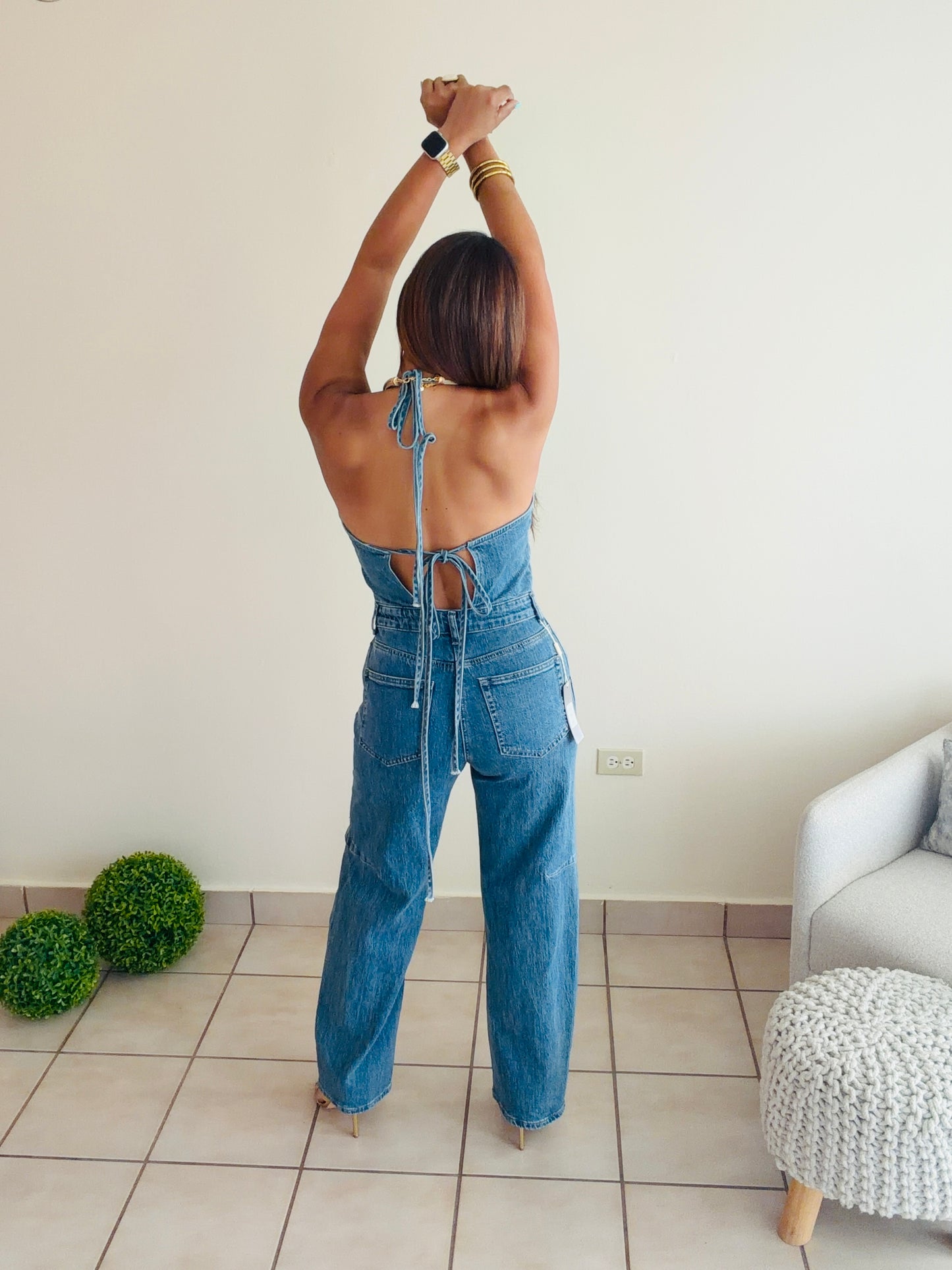 Denim barrel Halter Jumpsuit