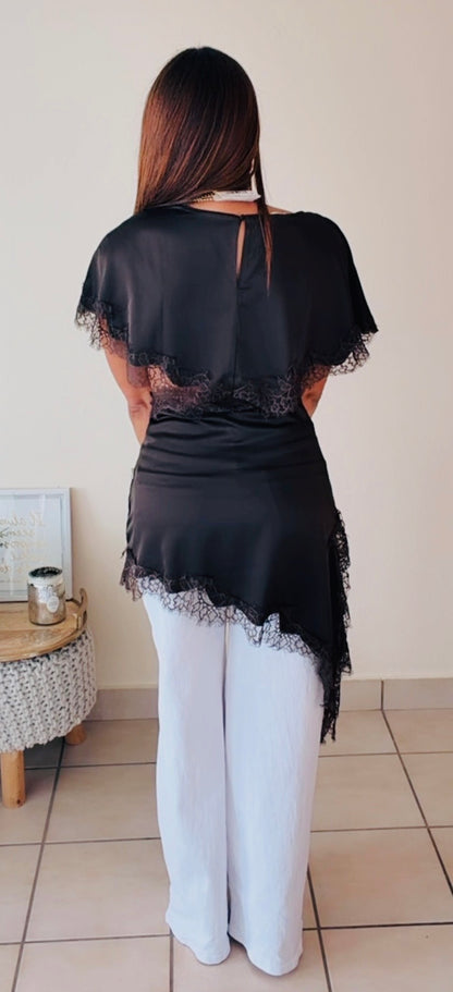 Lace cut satin top