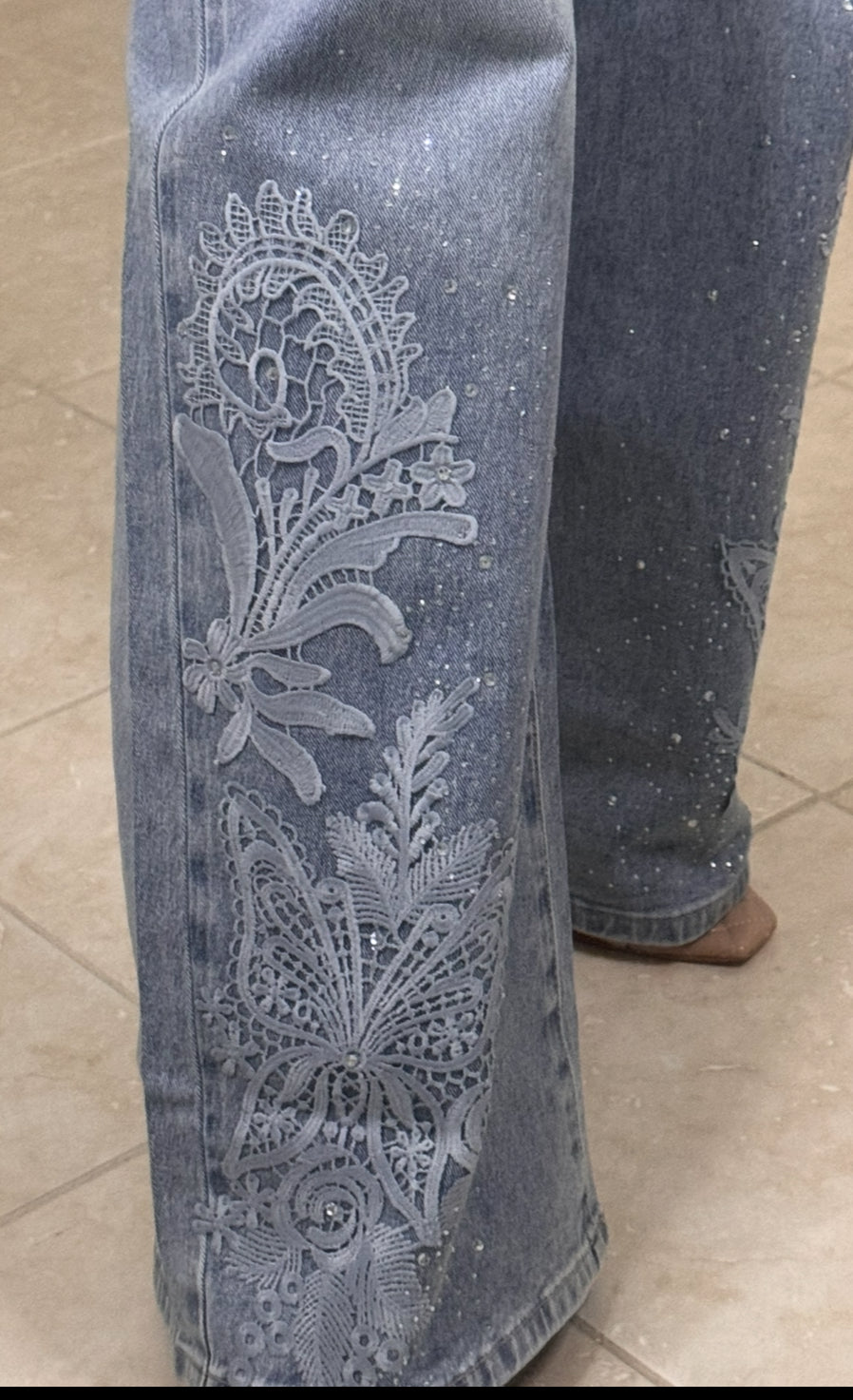 Denim lace and rinestone details