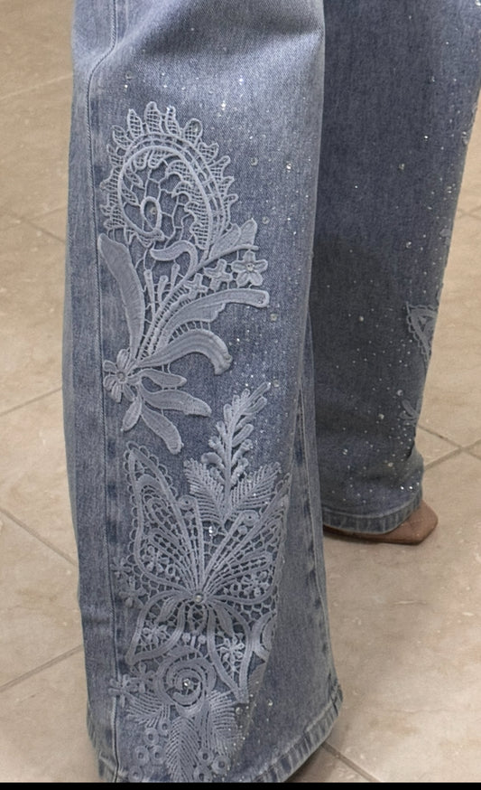 Denim lace and rinestone details