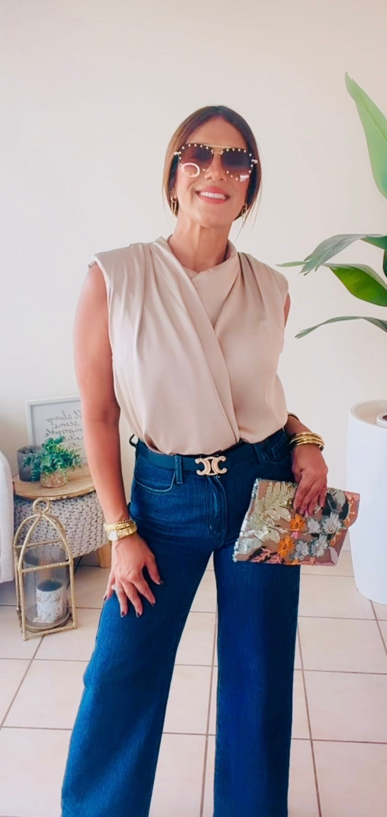 Satin High Neck Shoulder Pad/ Tan