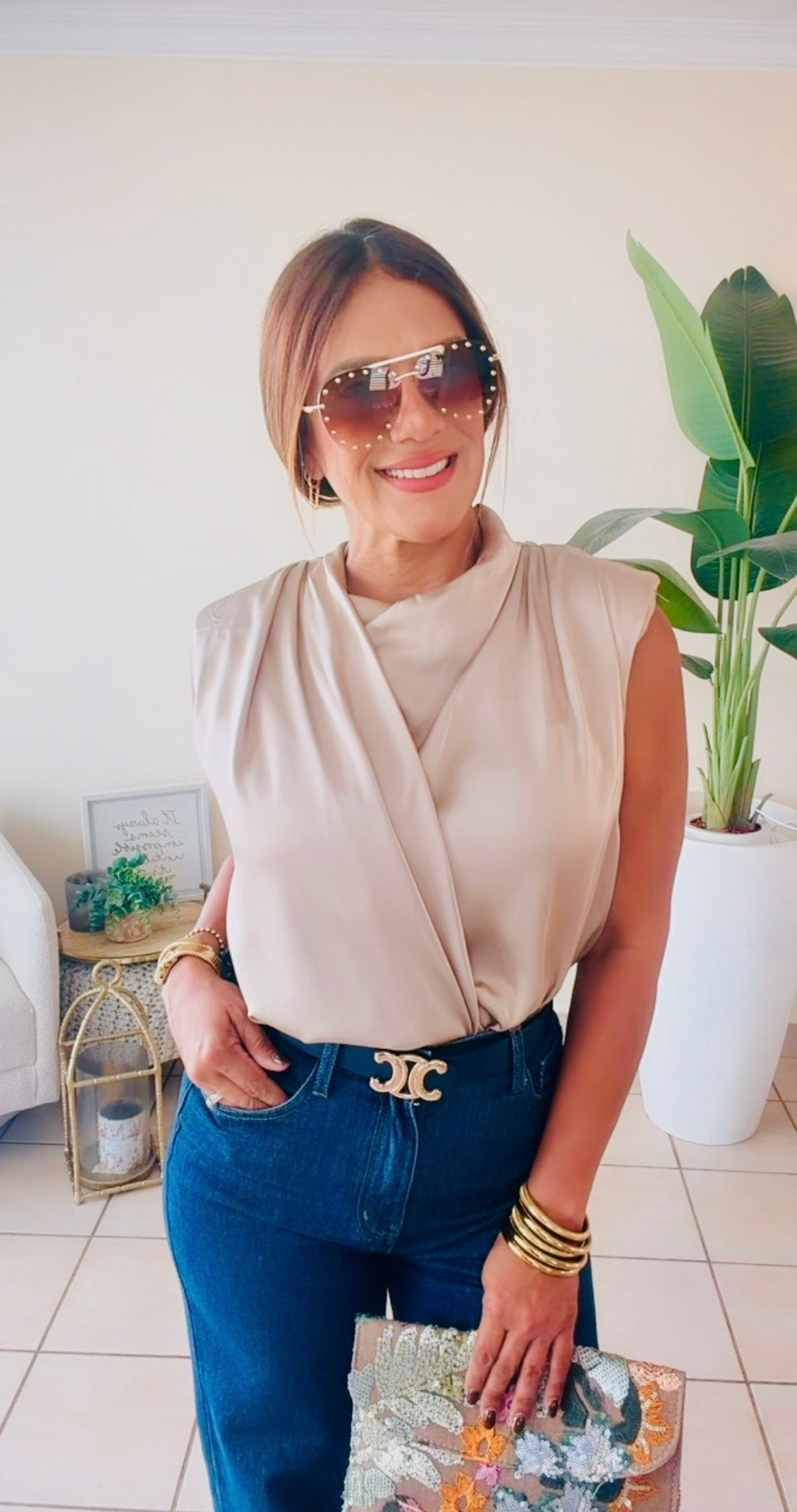 Satin High Neck Shoulder Pad/ Tan