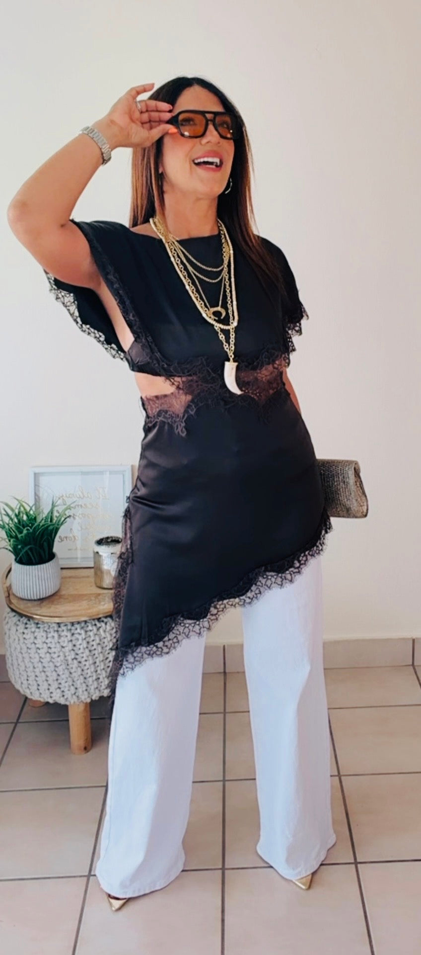 Lace cut satin top