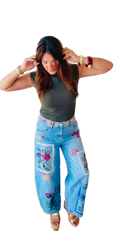 Print Embroidery Barrel Pant