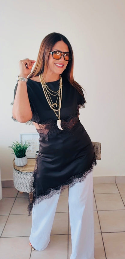 Lace cut satin top