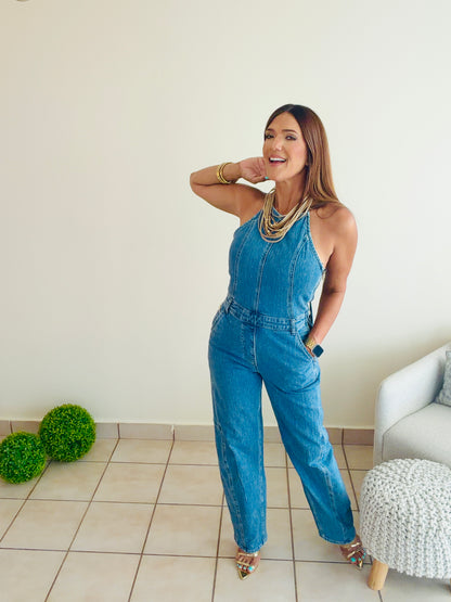 Denim barrel Halter Jumpsuit