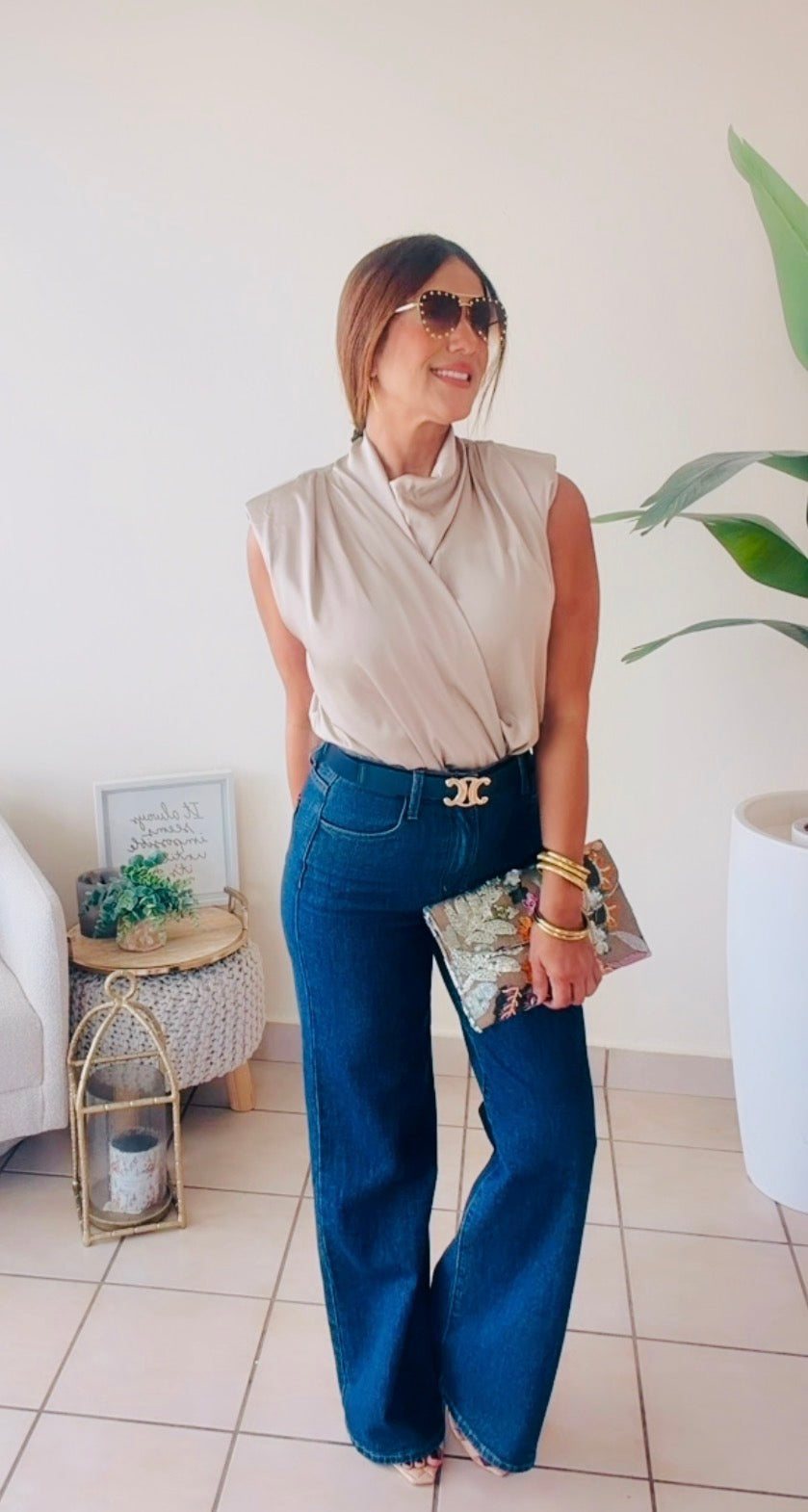 Satin High Neck Shoulder Pad/ Tan