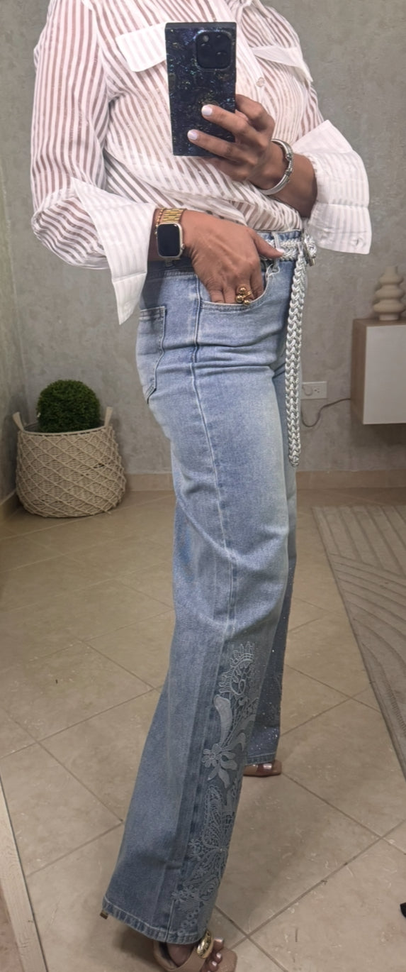 Denim lace and rinestone details