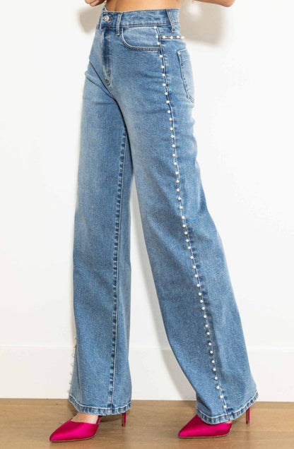 High-Waisted Stretch Denim with Pearl Detail