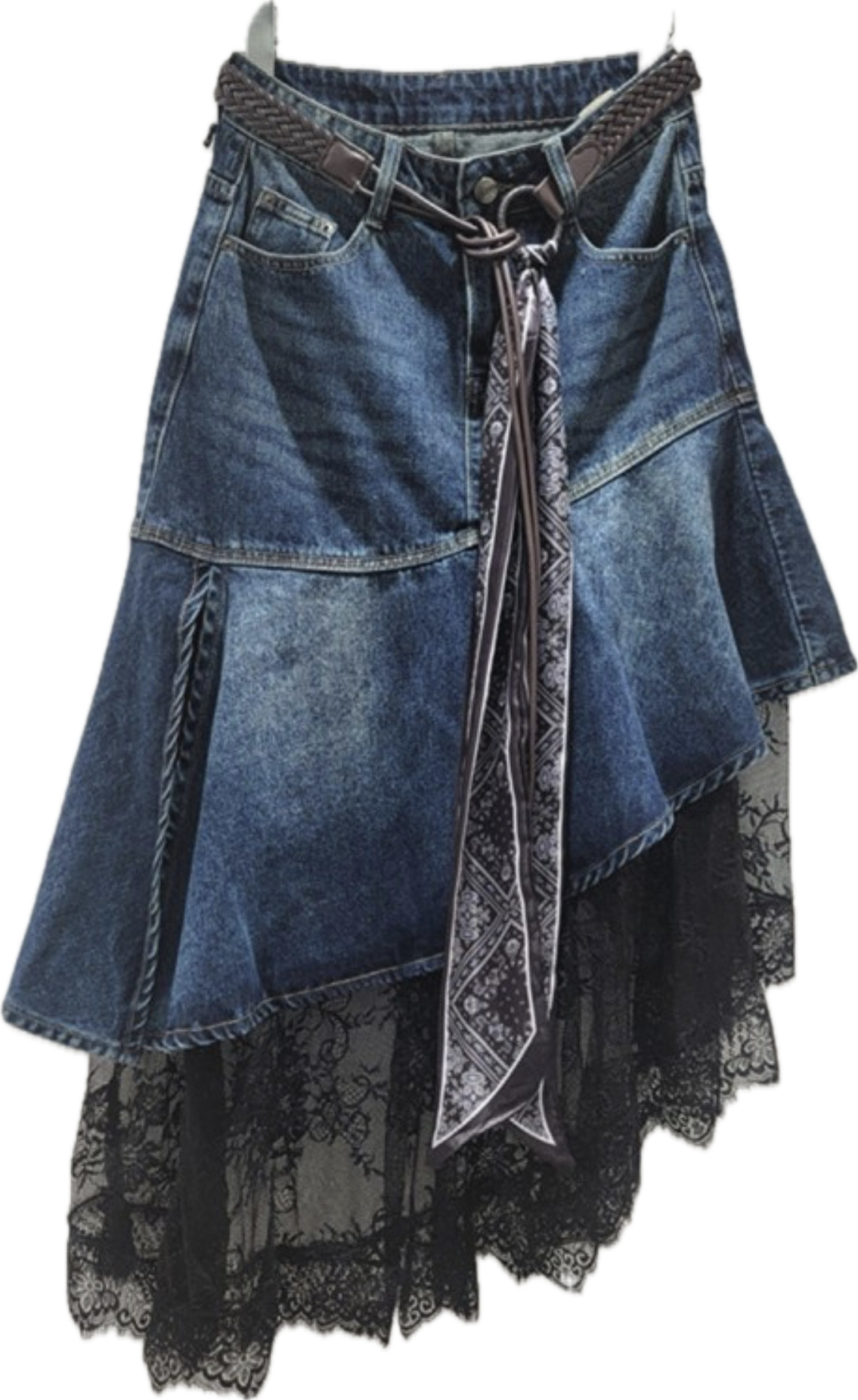 Asymmetric Denim Lace Skirt