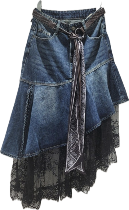Asymmetric Denim Lace Skirt