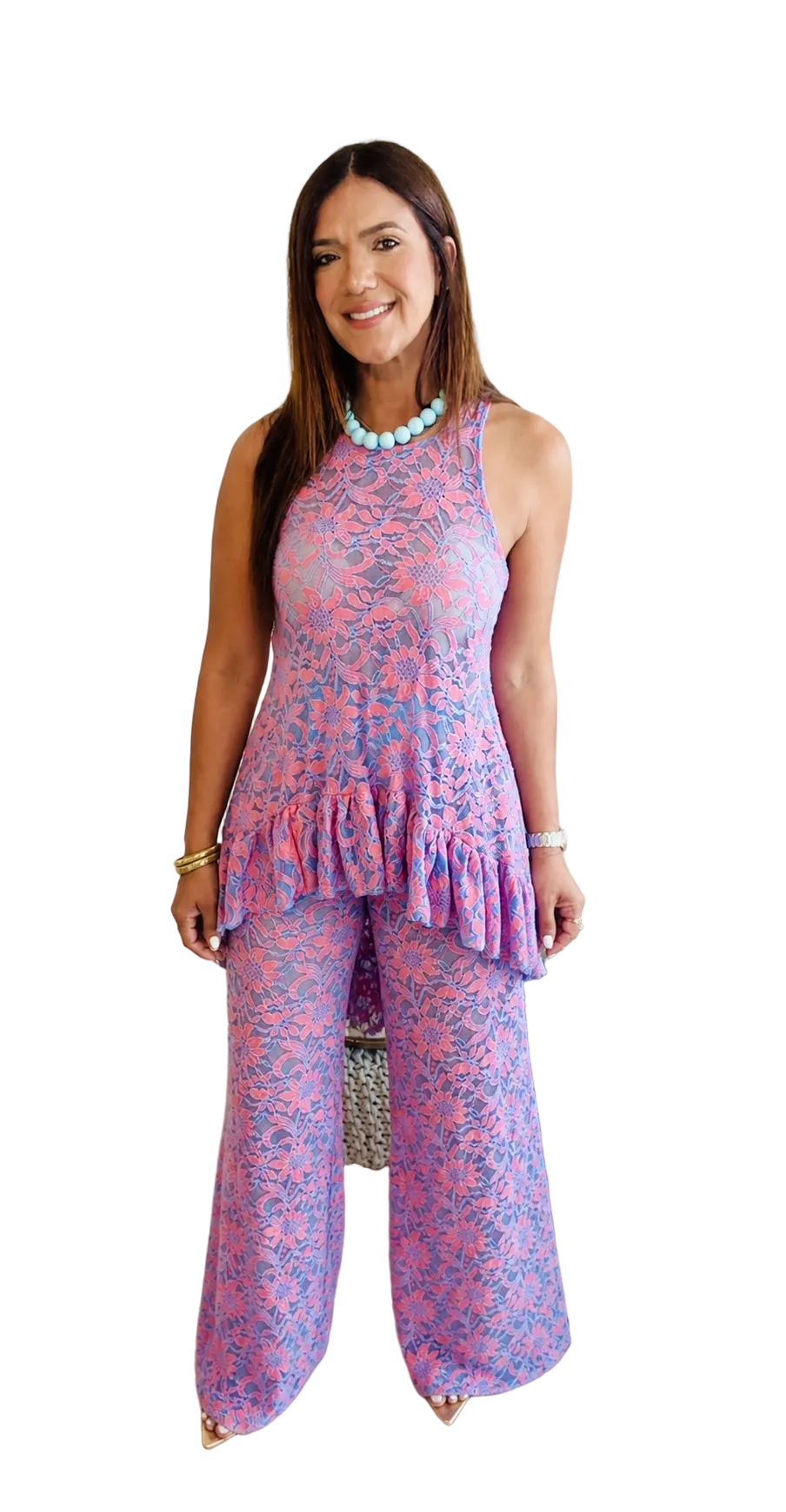 Anais Top & Pants Set- Lace Coral &Turquesa